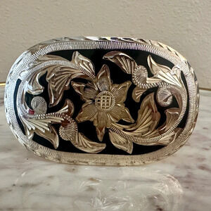 Vintage Alpaca Silver Belt Buckle with Floral Scrollwork